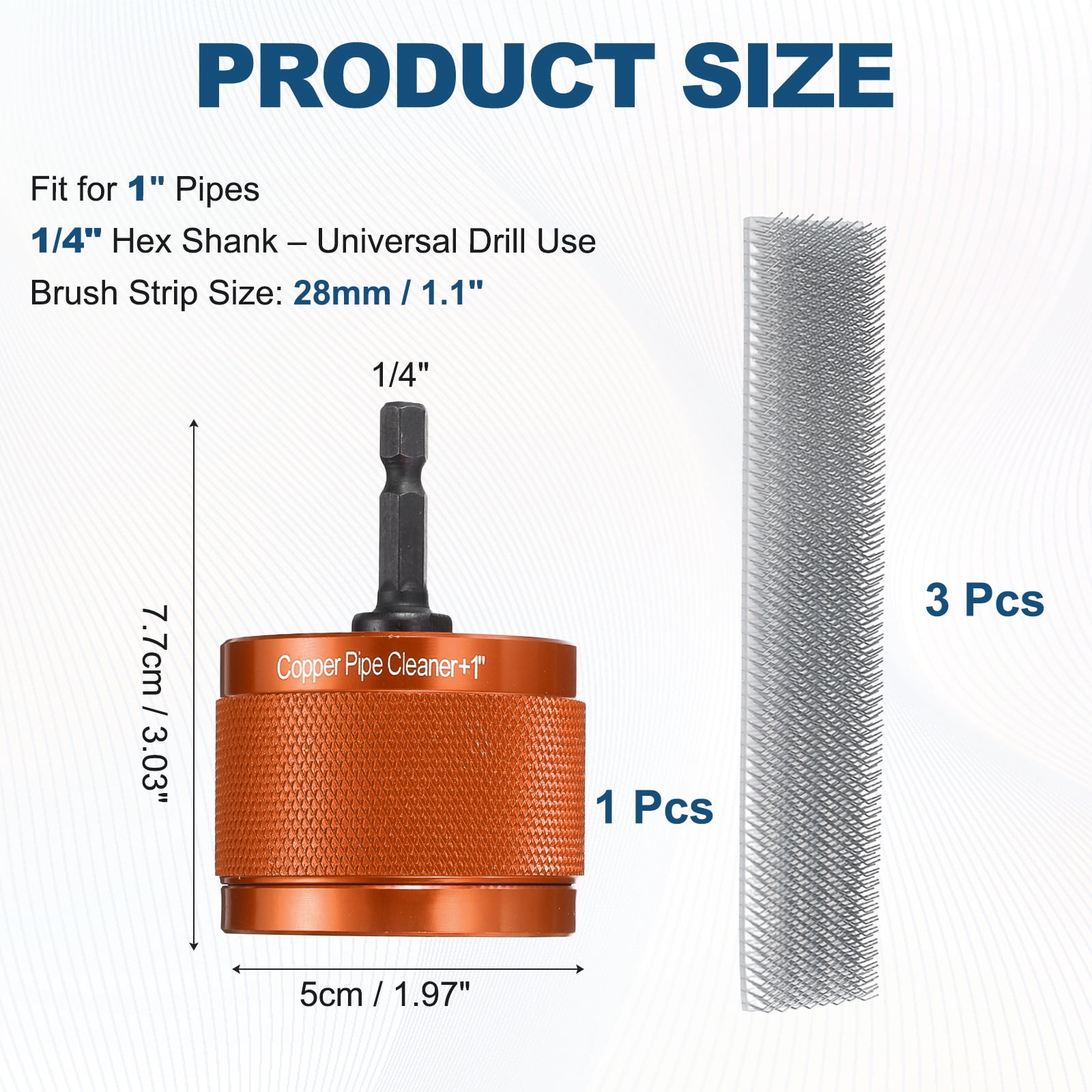 Uxcell 1" 1/4" Metal Copper Pipe Cleaner Set, Hex Shank Drill Powered Pipe Brush Replacement Plumbing Tools with 3 Brushes for Removing Dust Rust Copper Various Metal Pipes, Orange