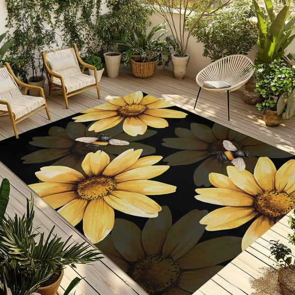 Fsddascl Yellow Sunflower Outdoor Rug for Patio/Deck/Porch, Non-Slip Large Area Rug 5 x 8 Ft, Summer Bee Black Abstract Botanical Indoor Outdoor Rugs Washable Area Rugs, Camping Rug Carpet