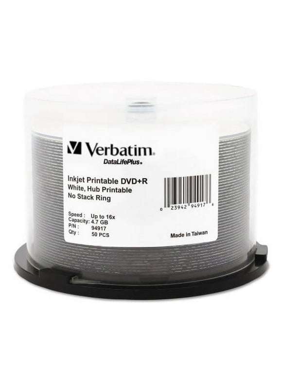 Verbatim-Verbatim Inkjet Printable DVD+R Discs, 4.7GB, 16x, Spindle, White, 50/Pack (94917)