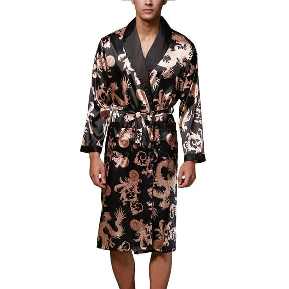 SWSMCLT Men's Long Sleeve Robe Satin Knee Length Pajamas Pjs Long Summer Luxury Bathrobe Spring Lightweight Cool Black Small