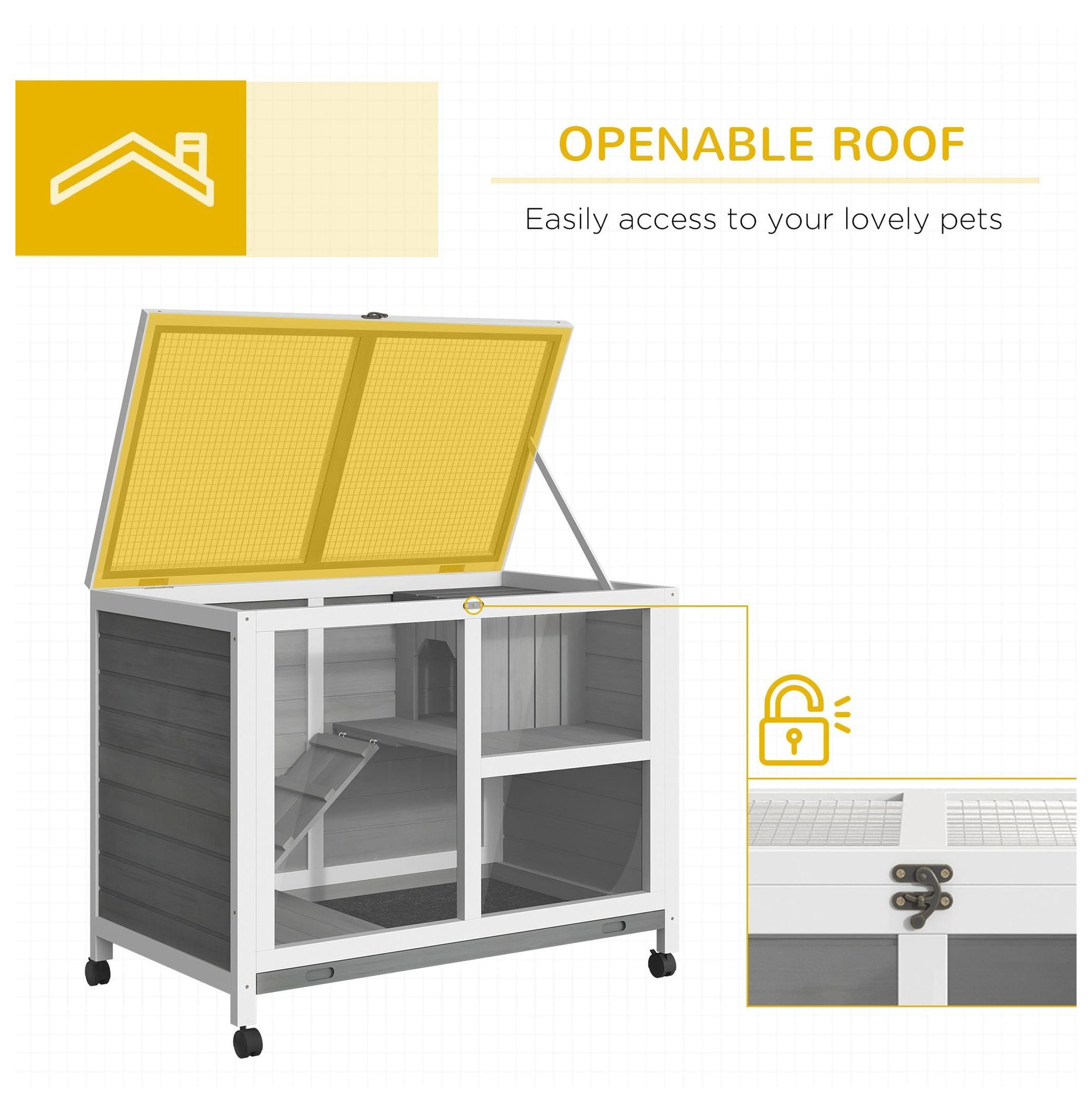 2-Story Bunny Hutch Indoor, Wooden Guinea Pig Cage with Wheels & Lockable Doors - Gray Rabbit Habitat for Small Pets