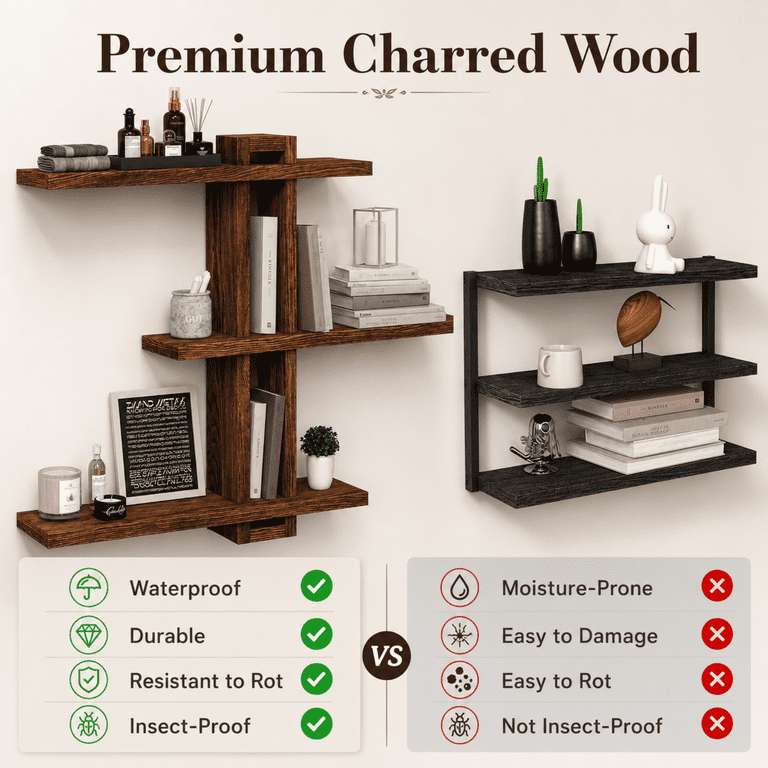 Mehoom 3-Tier Wooden Floating Wall Shelf, Rustic Brown 20-Inch photo 2