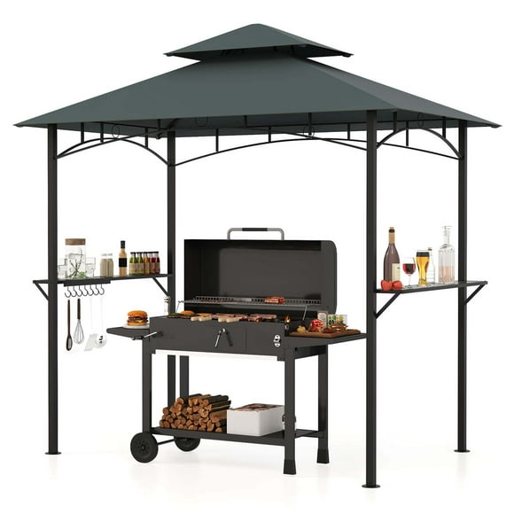 Costway 8' x 5' Grill Gazebo with 2 Shelves 7 Hooks Metal Frame Soft Top Gray