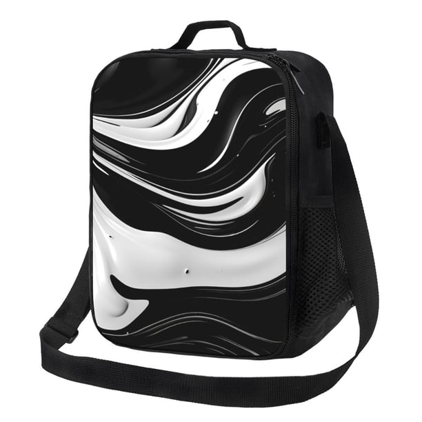 Disketp Abstract Black White Swirls Bolsa Térmica Estampada para Almuerzo, Lonchera para Hombres y Mujeres Adultos