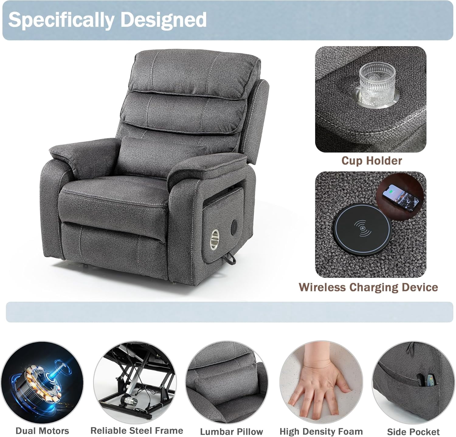 Adults Power Lift and Heat and Massage Recliners with Wireless Charging Device and USB Ports