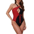 thumbnail image 4 of INSPIRE CHIC Women's Criss Cross Color Block Monokini Bikini Set 1 Piece O Ring Side Tie Strappy Swimwear Bathing Suit X-Small Black Red, 4 of 5
