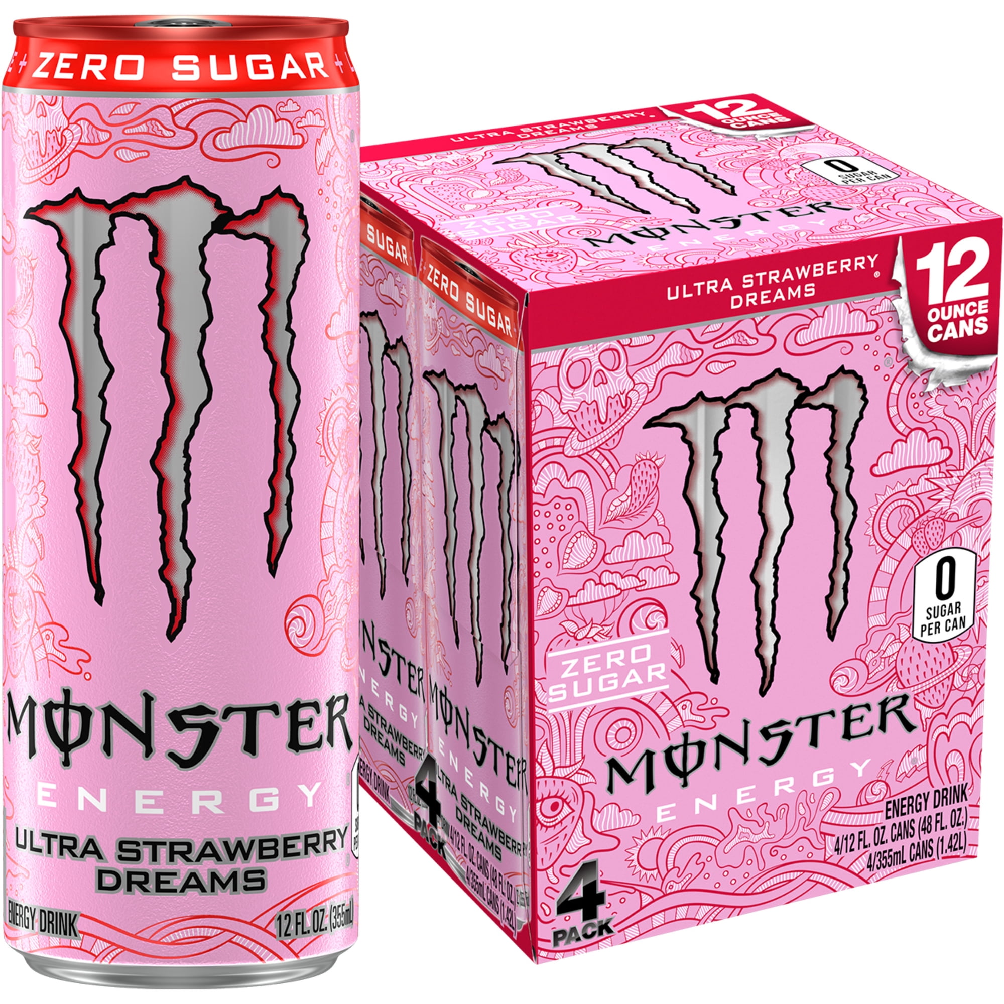 Monster Energy Ultra Strawberry Dreams Sugar Free Energy Drink 4 Pack 12 fl oz Can