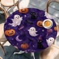 thumbnail image 4 of Round Table Cover 36-44 Inch Pumpkins Halloween Waterproof Reusable Table Cloth Round Fitted Vinyl Tablecloth with Elastic Edged for Parties Outdoors, Purple Orange Botanical, 4 of 9