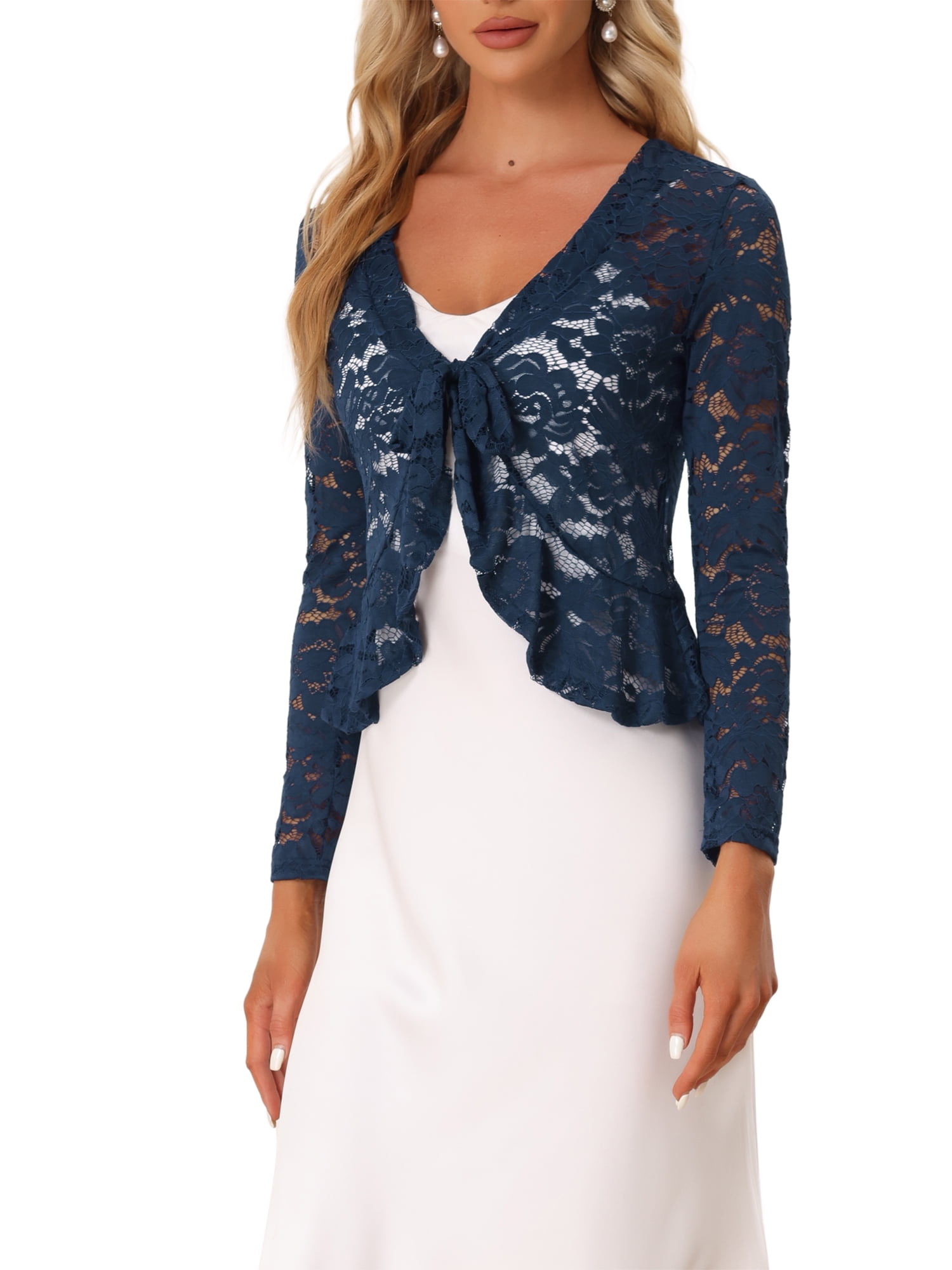DARING DIVA Women's Ruffled Hem Floral Lace Crop Shrug Cardigan XL Dark Blue