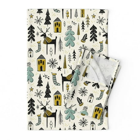 

Printed Tea Towel Linen Cotton Canvas - Christmas Cream Holiday Hygge Winter Snowflake Deer Moose Woodland Whimsical Rustic Trees Print Decorative Kitchen Towel by Spoonflower