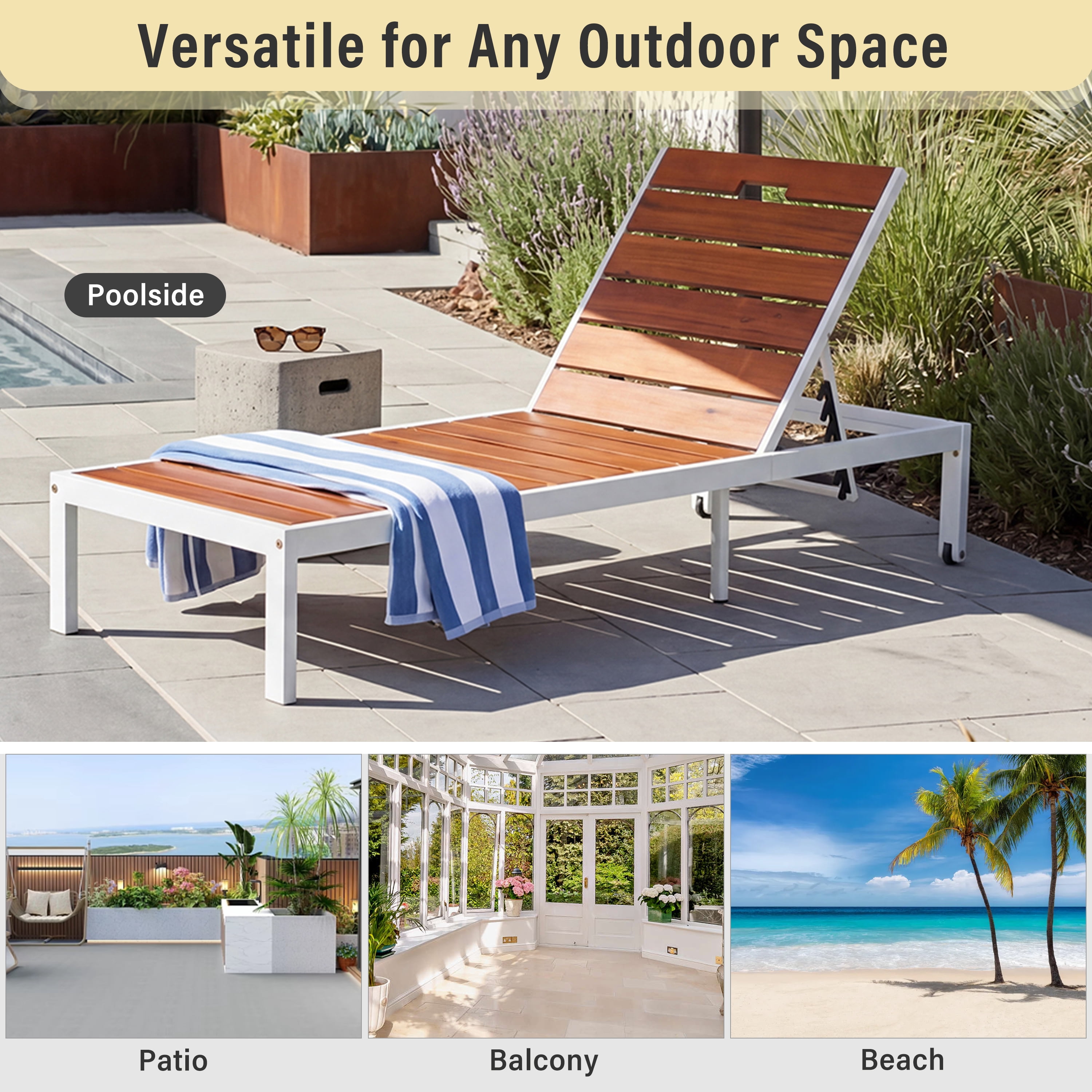Poolside Chaise Lounge Set, Outdoor Recliner Daybed for Patio Poolside, White and Brown