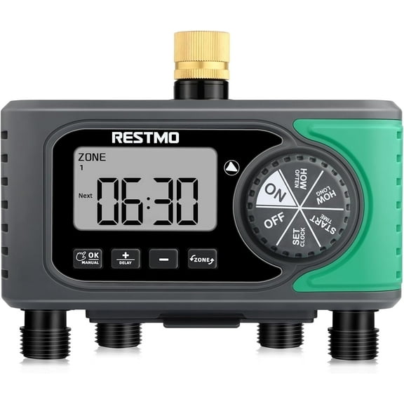 Restmo 4-Outlet Sprinkler Timer with Brass Inlet, 4 Zone Programmable Water Timer for Garden Hose, Automatic Digital Control | Manual ON/Off | Rain Delay, for Outdoor Faucet, Drip Irrigation and Lawn