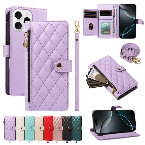 Crossbody Case For iPhone 14 Pro Max Wallet Zipper Case with Crossbody Shoulder Strap & Wrist Strap Flip Kickstand Purse Card Slots [RFID Blocking] Elegant PU Leather Phone Cover,Purple