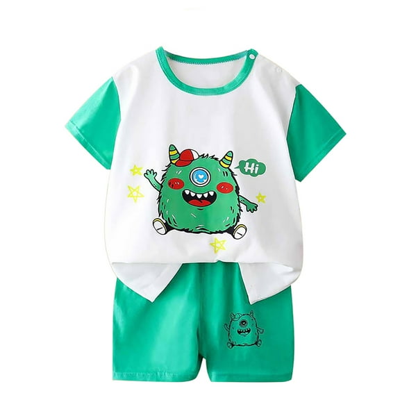 Gbsyewxs Outfits Sets For Boys 2 Piece Crew Neck Short Sleeve Tops And Shorts Cartoon Striped Print Loungewear Summer Toddler Clothes Green Size 2-3 Years