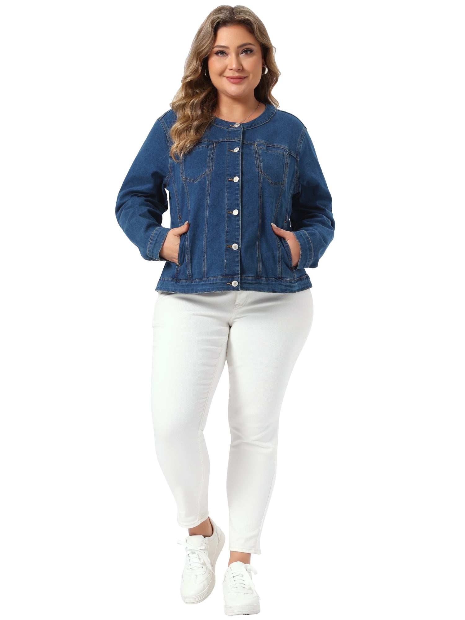 DARING DIVA Women's Plus Denim Collarless Button Jean Jacket 2X Dark Blue