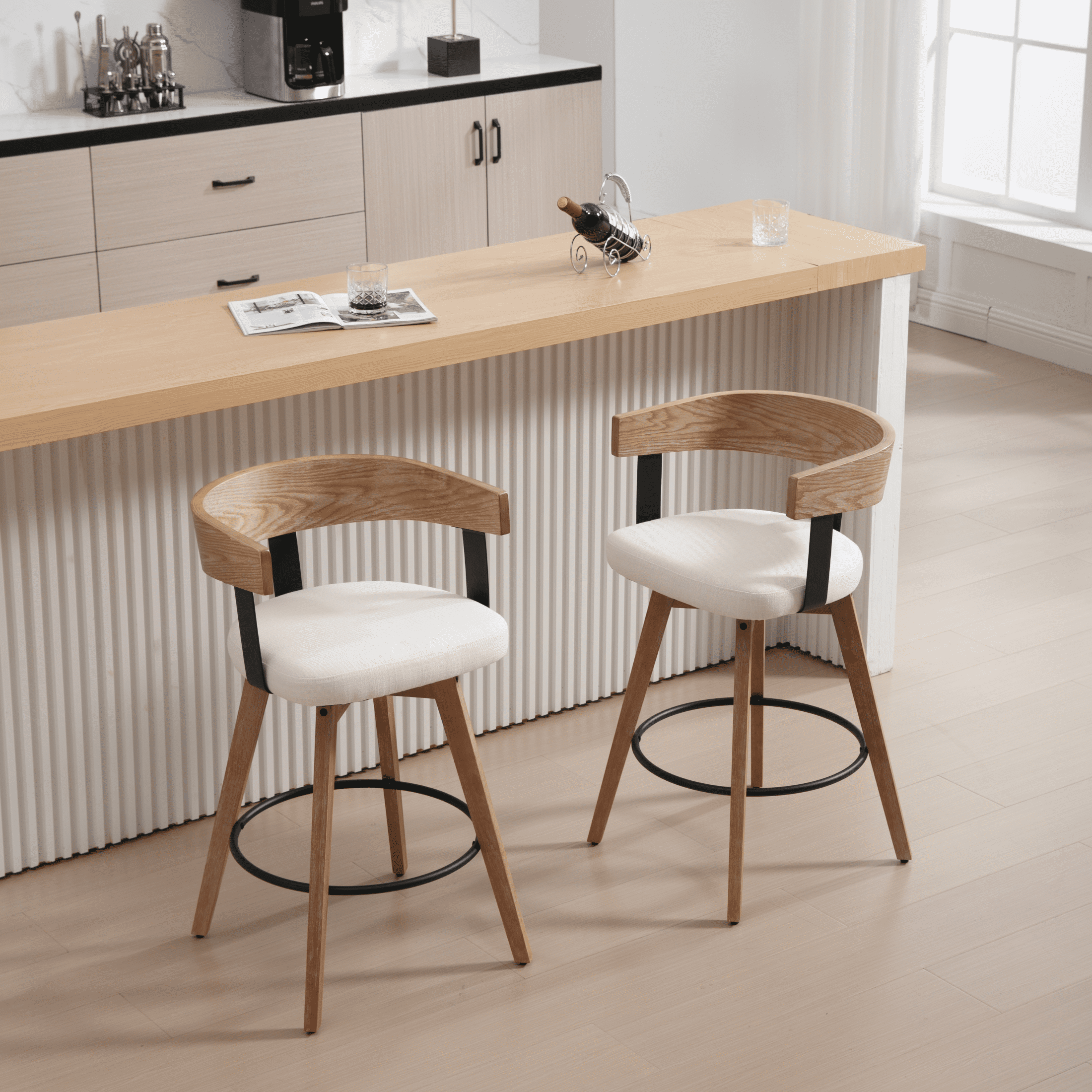Guyou Modern Linen Upholstered 360-Degree Swivel Bar Stool Set of 2,26" Counter Height with Footrest & Backrest,Ideal for Kitchen Island & Home Bar, White