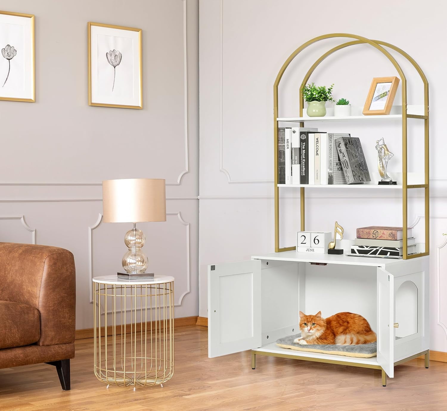 Cat litter box, cat litter box furniture with double-layer storage shelves, wooden cat restroom furniture with metal frame, modern style, white and gold