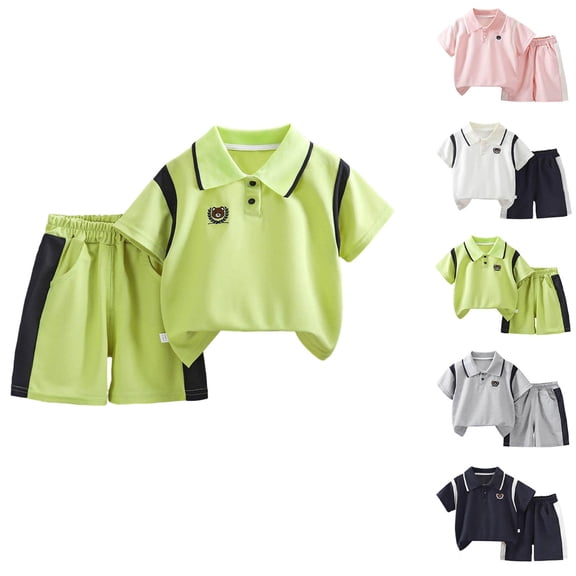 Afuyipoi Boys 2-Piece School Polo Shirt Set (6 Months-10 Years) Bear Embroidered Lapel Top and Sporty Shorts Activewear Outfit Green 3T
