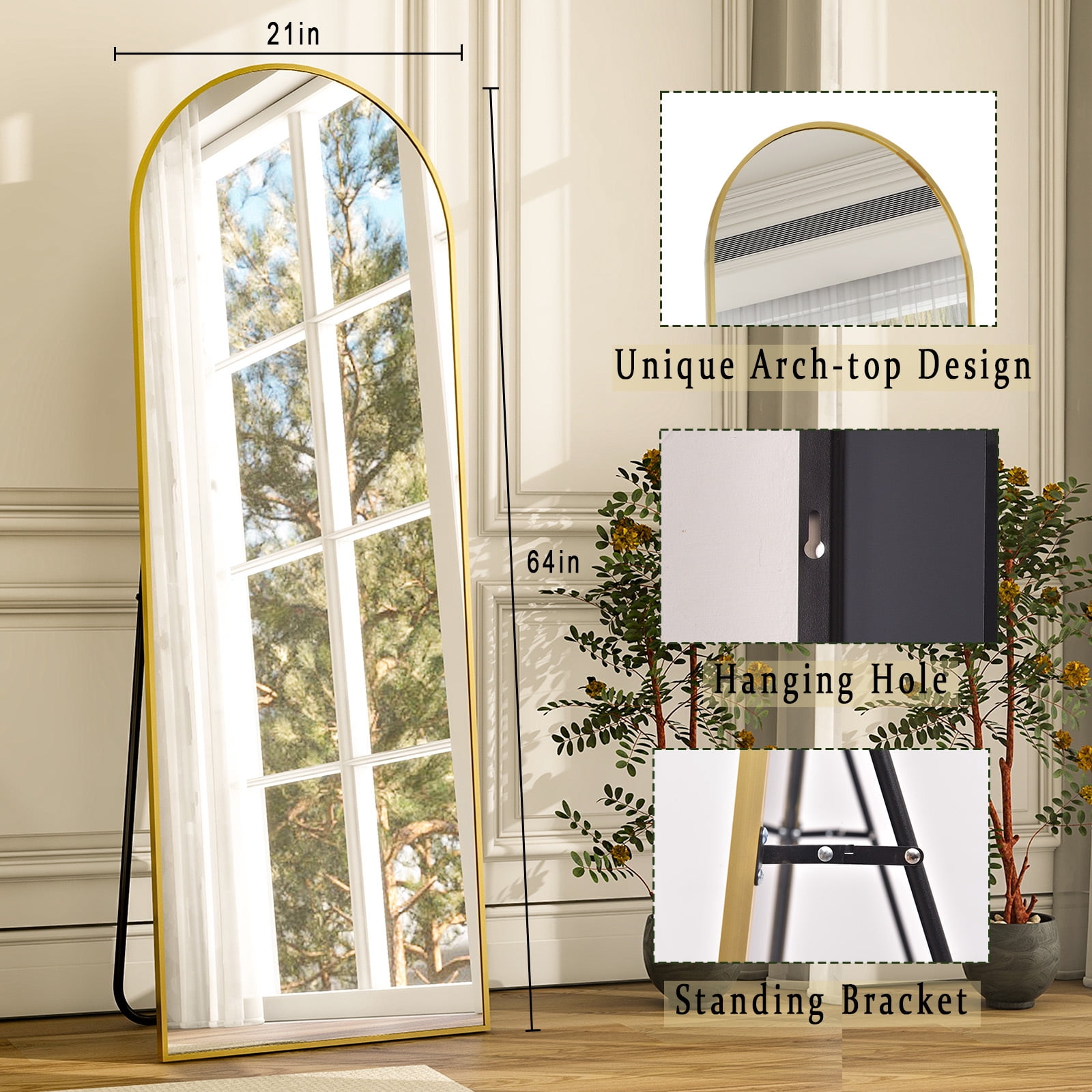 Anyrose 21x64 Full Length Mirror Arched Aluminum Alloy Framed Floor Mirror,Gold