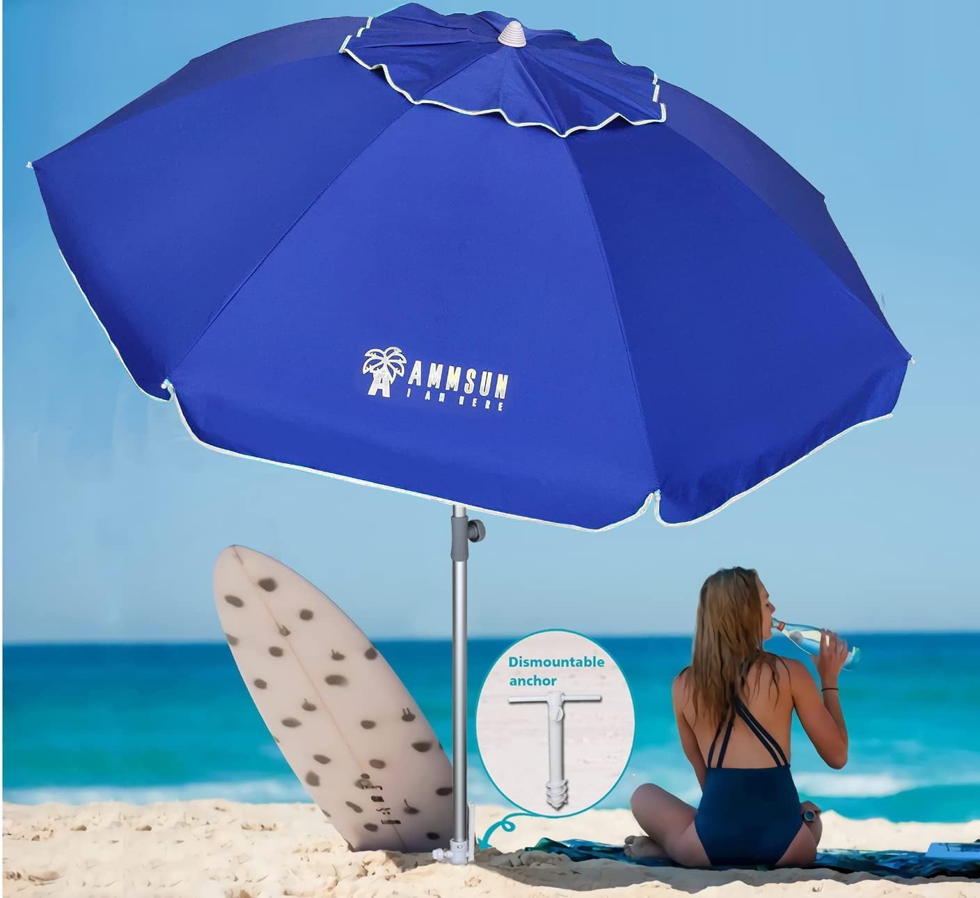 AMMSUN 7 Foot Heavy Duty HIGH Wind Beach Umbrella Parasols with sand