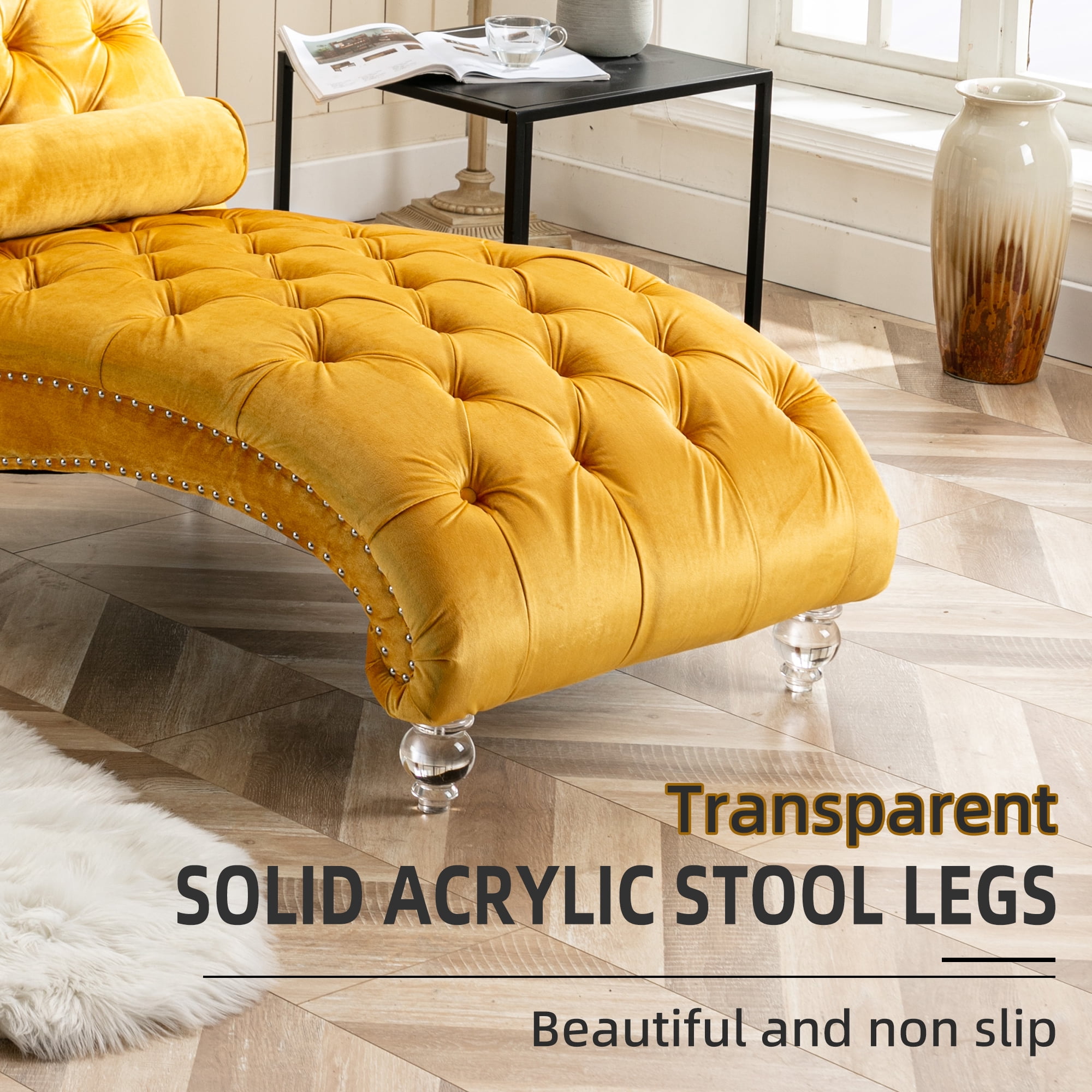 MOONMISS Velvet Chaise Lounge Chair Button Tufted Upholstered with Pillow Indoor