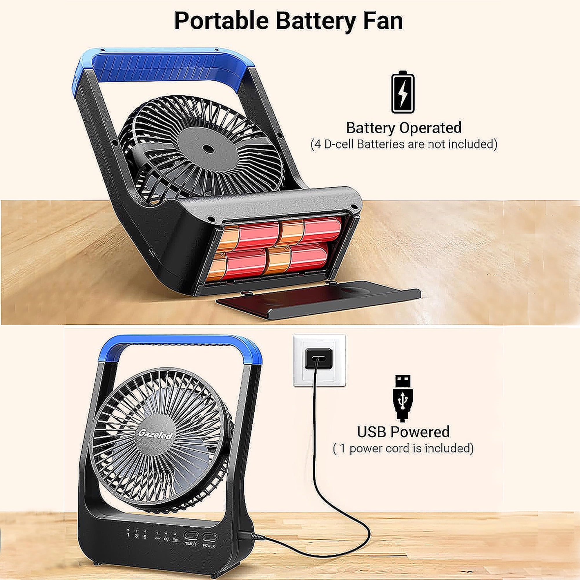 (2 pack) Gazeled Battery Operated Fan,Camping Fan, Super Long Lasting, Portable D-Cell Battery Powered Desk Fan with Timer,3 Speeds, Quiet, 180° Rotation,Cooling Fan for Bedroom,Home,Office,Outdoor, 5'',Blue
