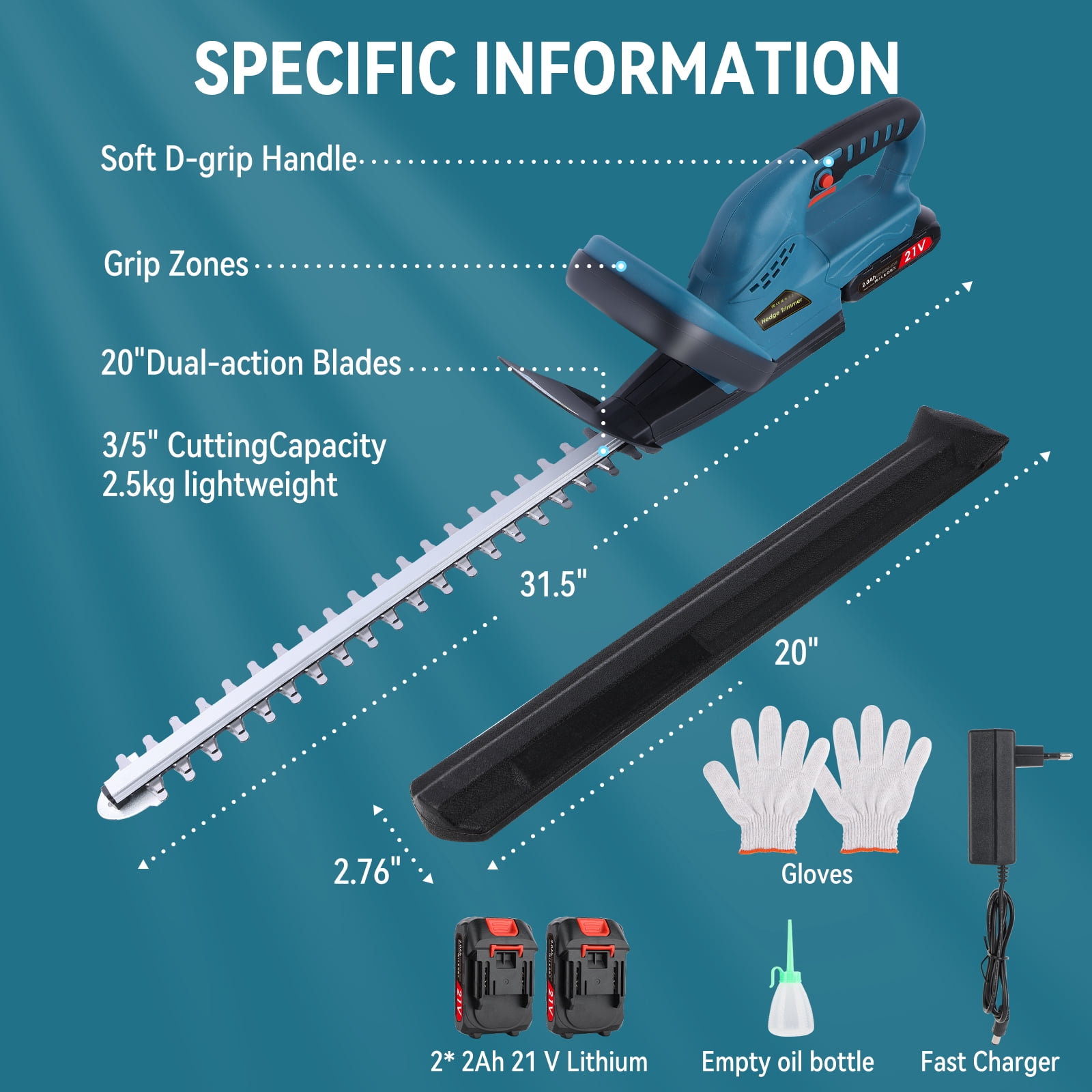 21V 20" Cordless Electric Hedge Trimmer with 2.0Ah Battery & Charger, Handheld Hedge Cutter, Grass Shrub Trimmer, Lightweight & Compact Trimmer for Garden Yard Bush & Shrub Cutting, Trimming, Pruning