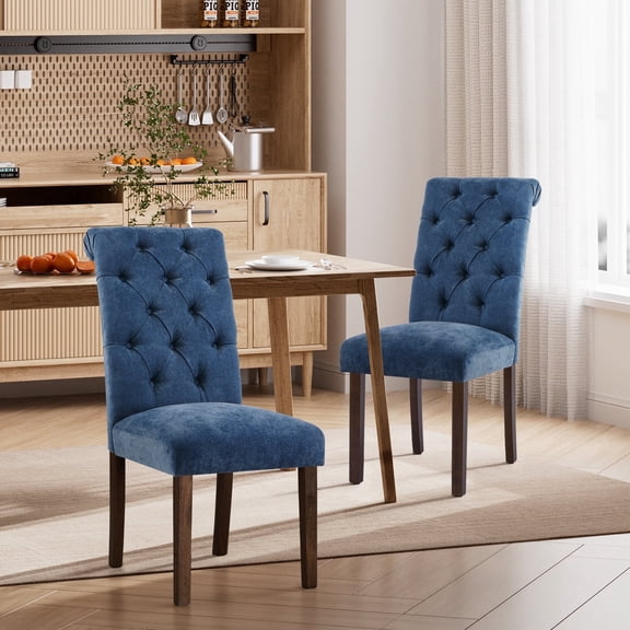 EOP Upholstered Dining Chairs Set of 2, Parsons Fabric Kitchen Chairs with Padded Seat, Button Tufted Armless Dining Side Chairs with Wood Legs, Blue