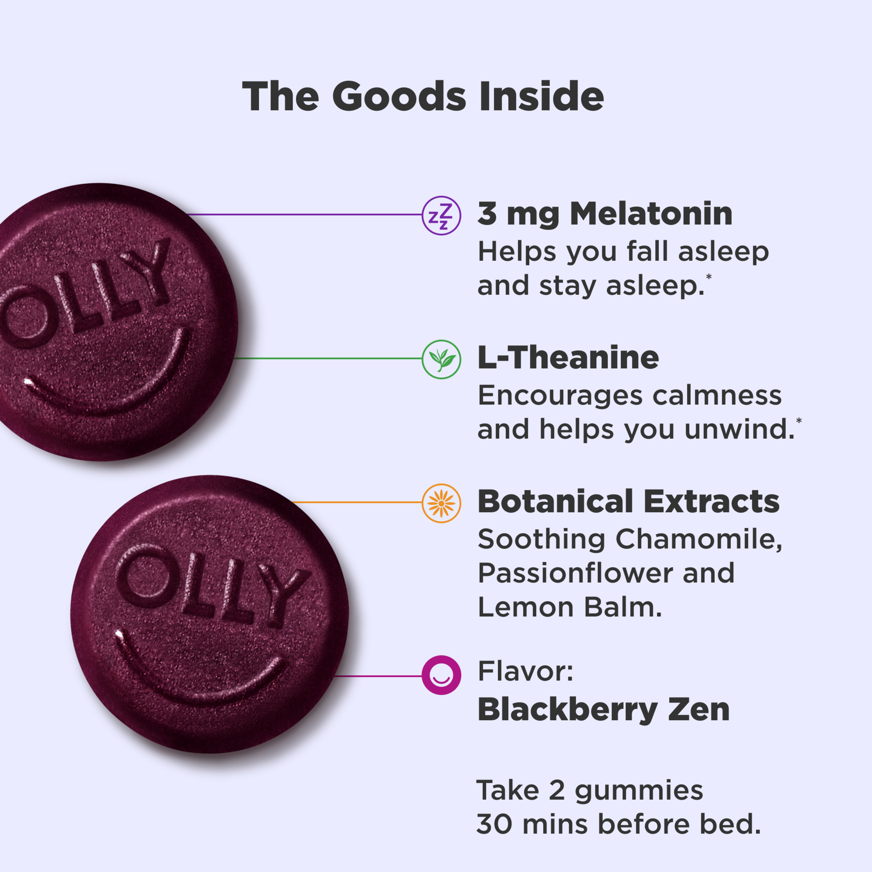 OLLY Sleep Gummy Supplement, 3mg Melatonin, L Theanine, Chamomile, Blackberry, 50 Ct - image 3 of 12