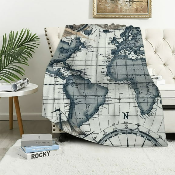 Autua World Map Compass Theme Warm Lightweight Soft Fleece Blanket Throw Blanket for Living Rooms Sofa Decor Cow Gifts All Seasons Blanket with Excellent Hand Feel 40x50in