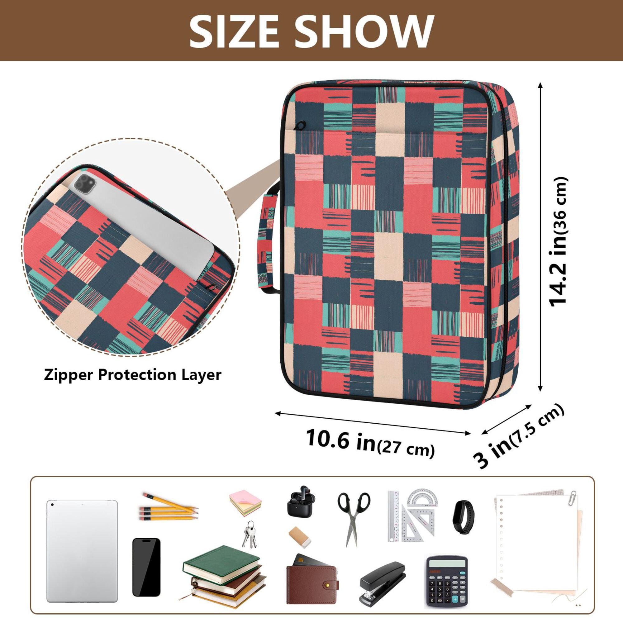 FORMRS Accordion File Folder A4 Size 7-Pocket Expanding Document Organizer Bag with 3 Ring Binder, Red Teal Plaid