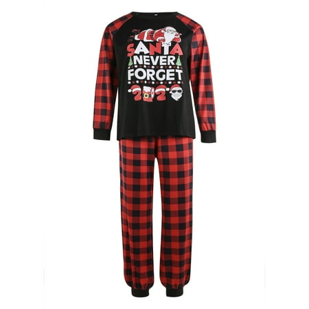 

Gwiyeopda Christmas Family Parent-child Pajamas Plaid Letter Cartoon Print Elastic Tops + Plaid Trousers Home Clothes Set