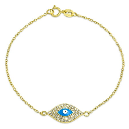 Cubic Zirconia CZ Tiny Blue Evil Eye Charm Bracelet For Teen For Women 14K Gold Plated 925 Sterling Silver
