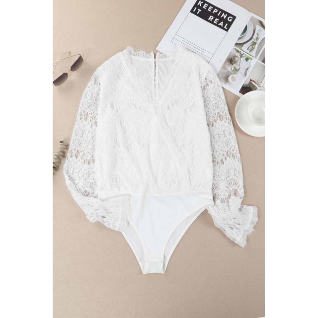 ABPHQTO Body de manga larga con cuello en V de encaje blanco para mujer