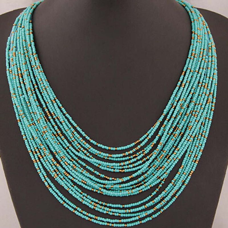 Trendy Fashion Jewelry Lime Green Oval Beads & Gold Multi Mixed Gem Stone Necklace Adjustable Choker or Silver Chain Statement Necklace