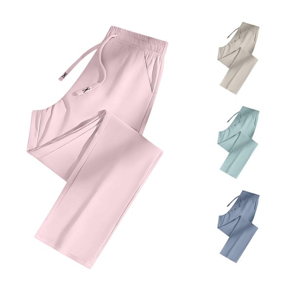WAYUTE Womens Ice Silk Straight Leg Sweatpants Drawstring High Waist Lightweight Cooling Loose Long Walking Trousers with Pockets Casual Daily Wear,Pink,M