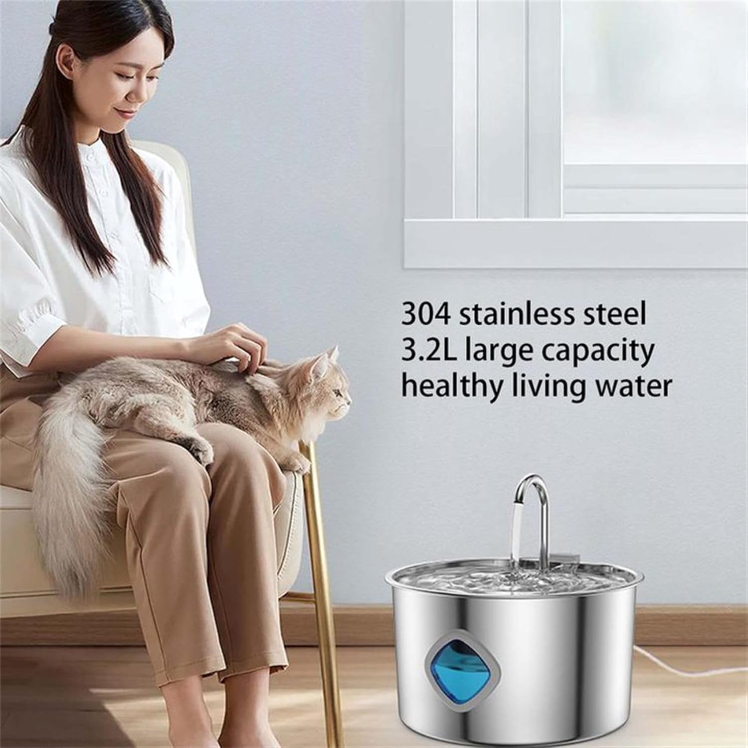 Water Fountain, 304 Stainless Steel, 3.2L Capacity, Ultra-Quiet Pump, Healthy Drinking Water for a Healthier Lifestyle for Your Pet