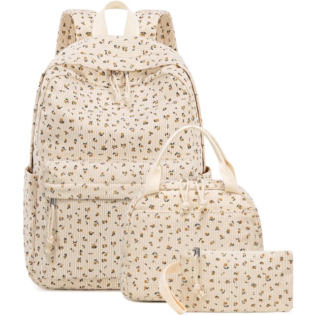 Mochila escolar BTOOP de pana beige con estampado floral para niñas adolescentes