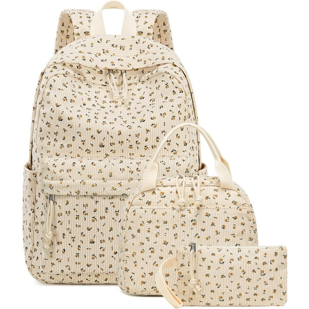 Mochila escolar BTOOP de pana beige con estampado floral para niñas adolescentes