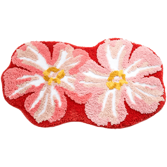 Pink Flower Bath Mat, Flocked Polyester Fiber Bathroom Rug, High-Low Pile Textured Massage Mat, Super Absorbent Non-Slip Floor Cushion, 25.6 in x 17.7 in for Shower, Tub, Kitchen, Entryway
