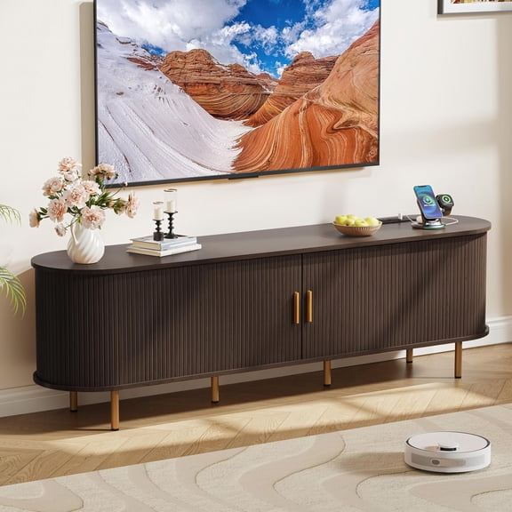 70.8 Inch Mid-Century Modern TV Stand with Power Outlet and Sliding Doors, Entertainment Center with Adjustable Storage Shelves, for TVs up to 80 Inches, Dark Walnut