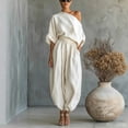 thumbnail image 5 of Sheghy Workout Set 100%Cotton Women Off Shoulder Asymmetric Top & Cuffed Jogger Long Pants 2 Piece Outfit, 5 of 6