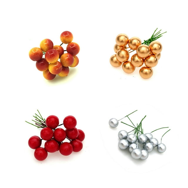 48PCS Small Artificial Fruit Berries with Stem Fake Flowers Cherry Stamens DIY Craft Accessory