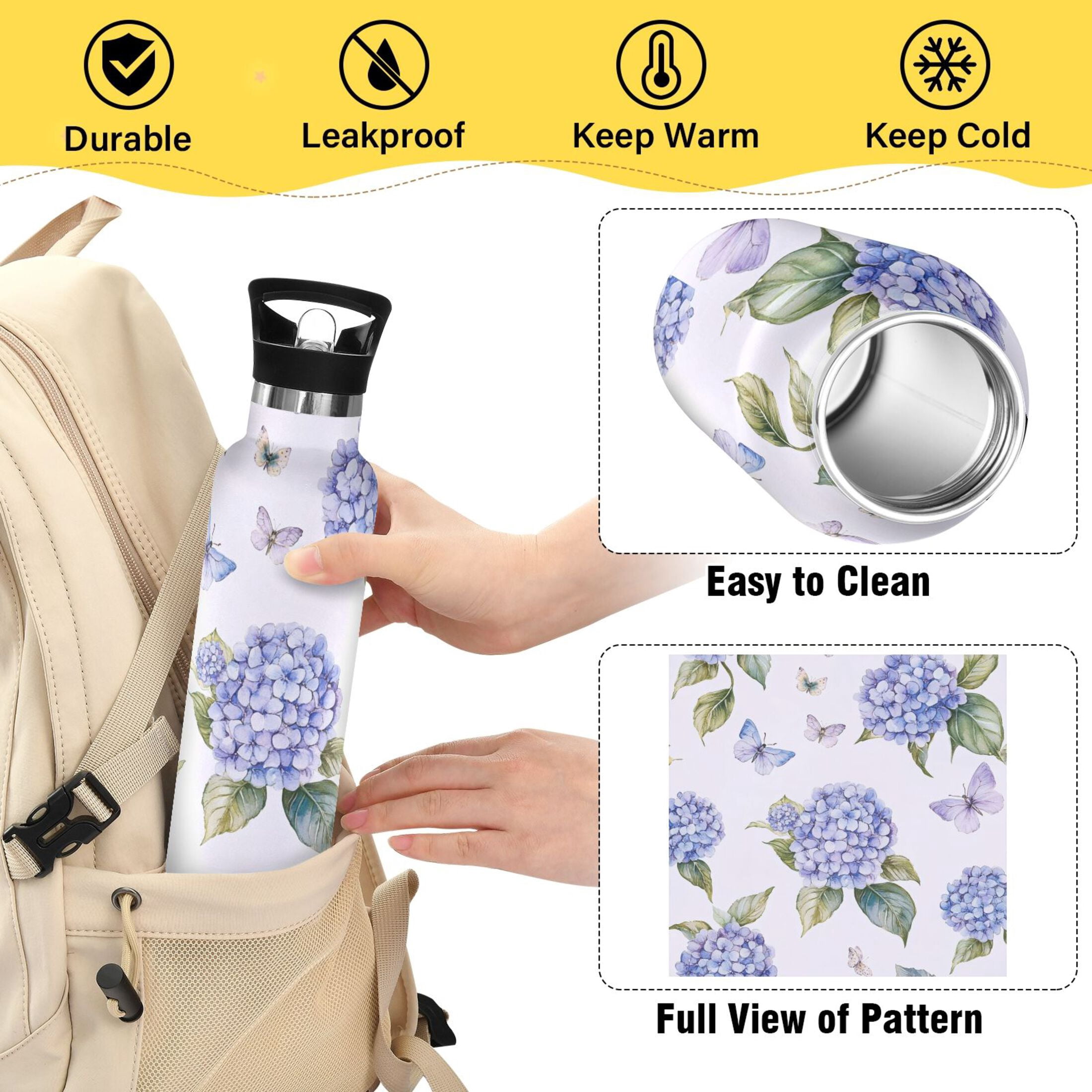 Kids Insulated Stainless Steel Sports Water Bottle 600ml (20oz) Blue Hydrangea