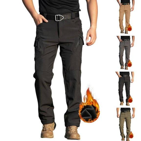 Huankd Men's Winter Work Pants Fleece Lined Tactical Snow Ski Pant Waterproof Insulated Cargo Hiking Trousers Pocket Black XL