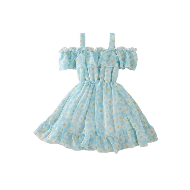 Xingqing 8 Colors Summer Princess Kids Girls Dress Flowers Printed Short Sleeve Off Shoulder Ruffles A-Line Chiffon Dress