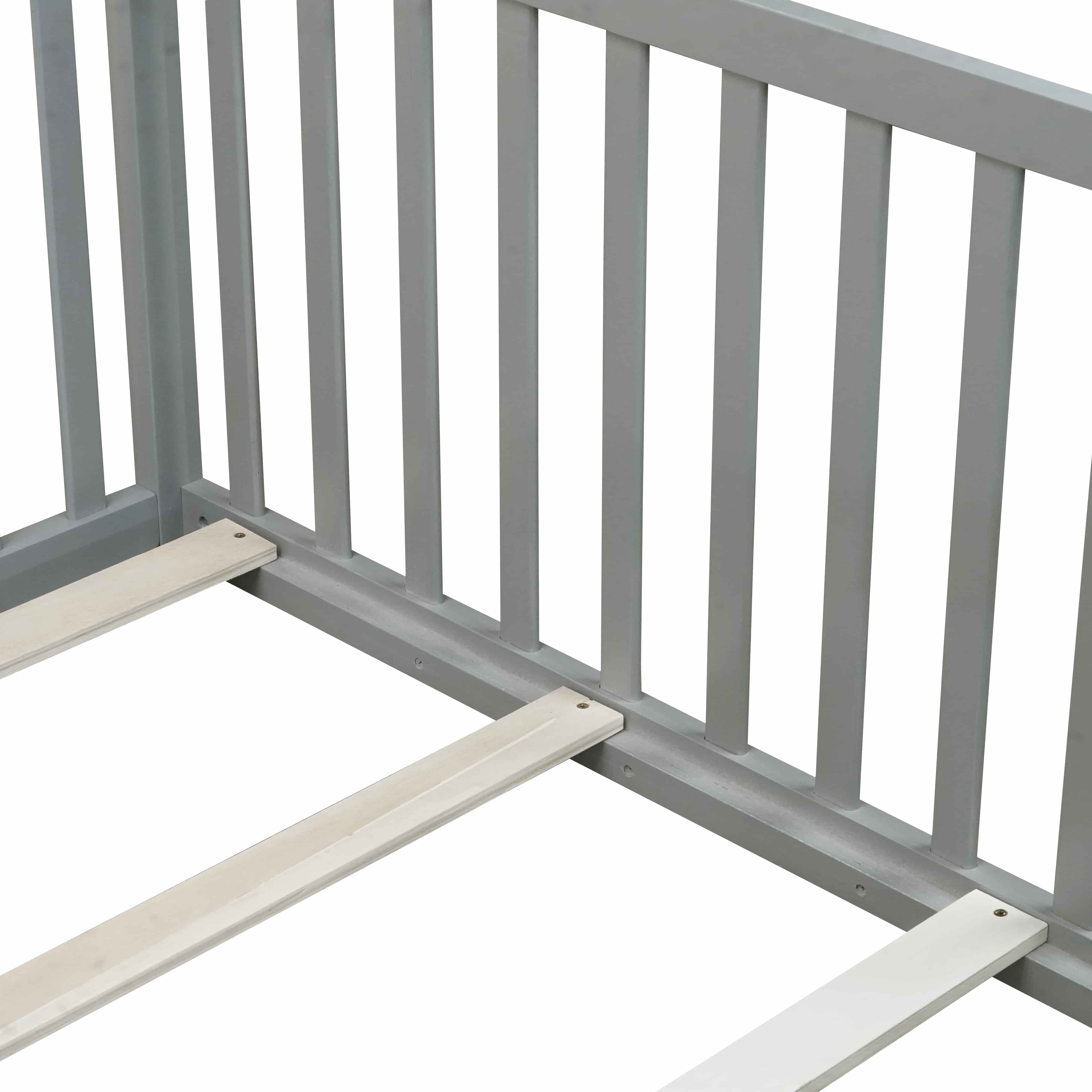UHOMEPRO Twin Floor Bed with High Fence & Door, Montessori Floor Bed with 21.5" Safety Guardrails, Solid Wood Twin Beds Frame for Kids Girls, Boys, with Slats, Grey