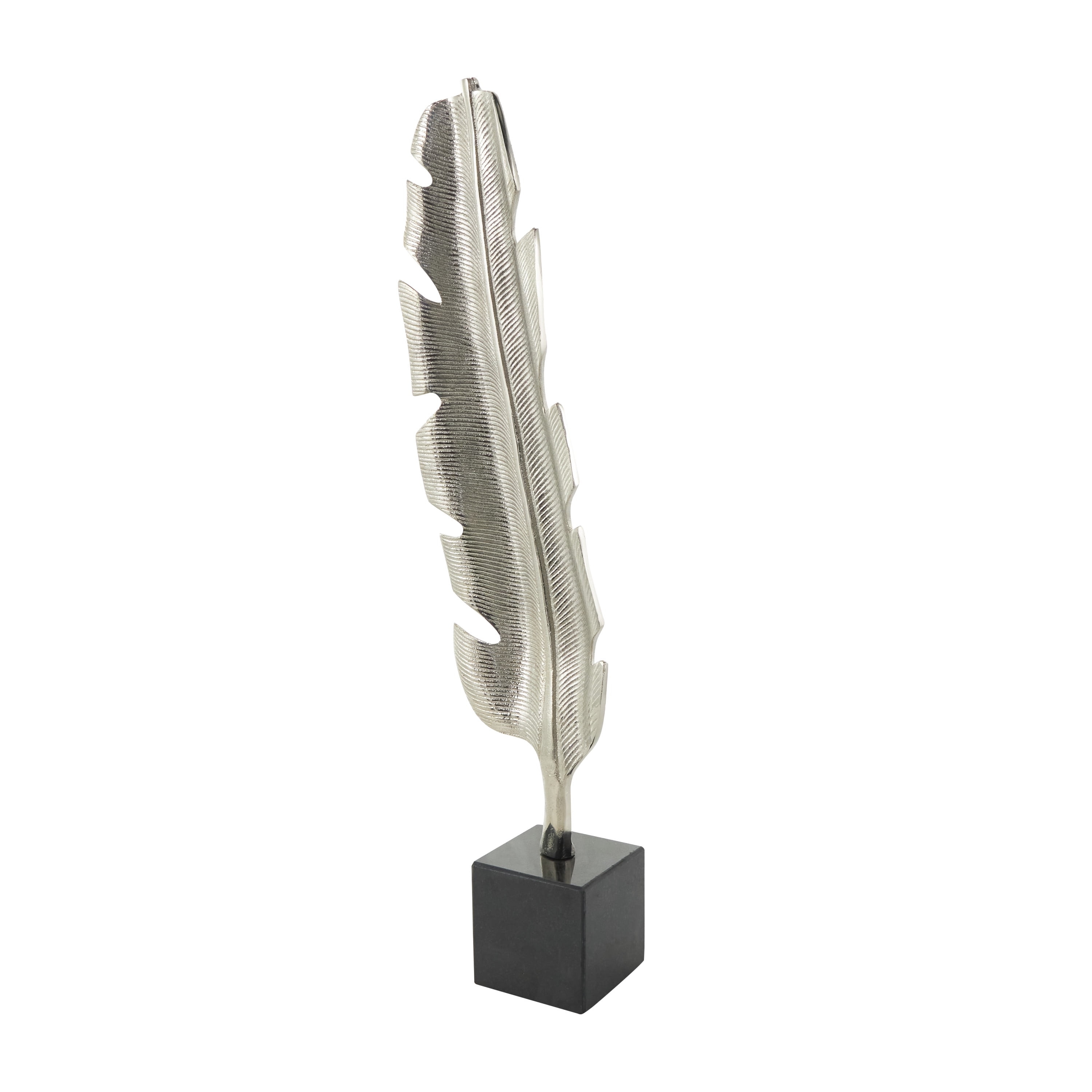 7" x 28" Silver Aluminum Feather Bird Sculpture with Black Marble Base, by CosmoLiving by Cosmopolitan