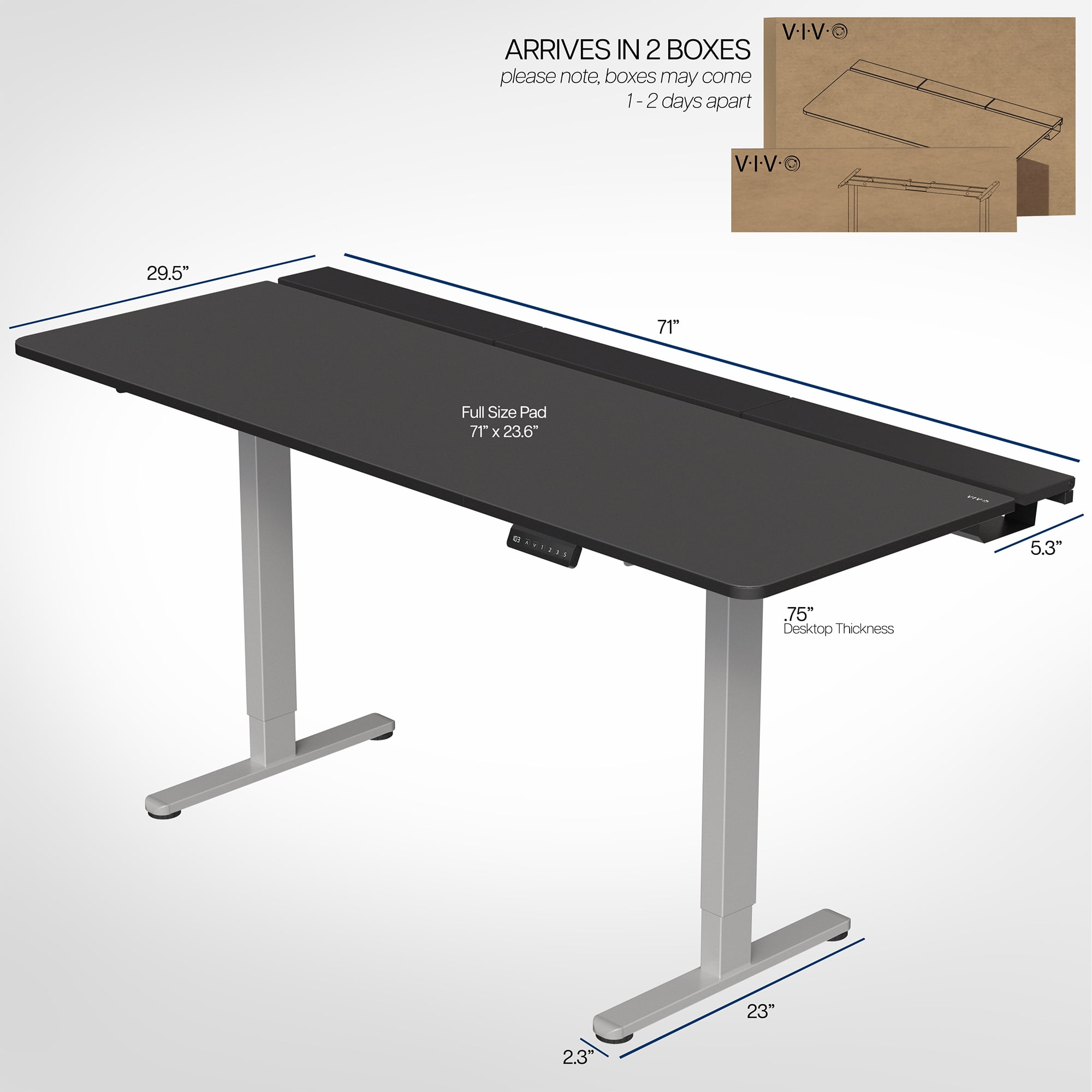 VIVO Electric 71" x 30" Desk, Full Pad, Black Hidden Cable Tabletop, Gray Frame