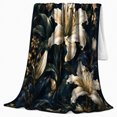 thumbnail image 2 of Moonlit Lily Garden Pattern with Ivory Flowers, Crescent Moon and Gold Leaves, Soft Flannel Blanket, Home Decor for Women, Bedroom and Living Room, Anniversary Gift, Nocturnal Botanical Art, 2 of 9